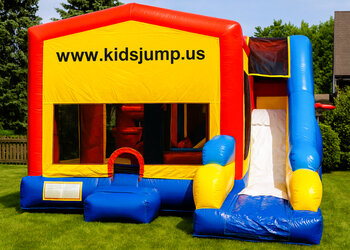 72 Module Bounce House 7-in-1 inflatable combo with slide, obstacles and basketball hoops for kids parties in Chicagoland.